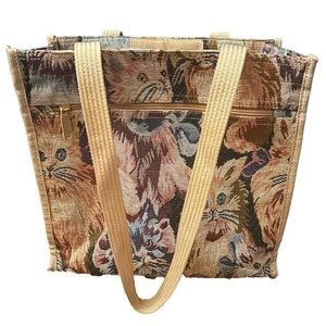 Vintage 90s cat tapestry shoulder bag with matching coin purse attachment.